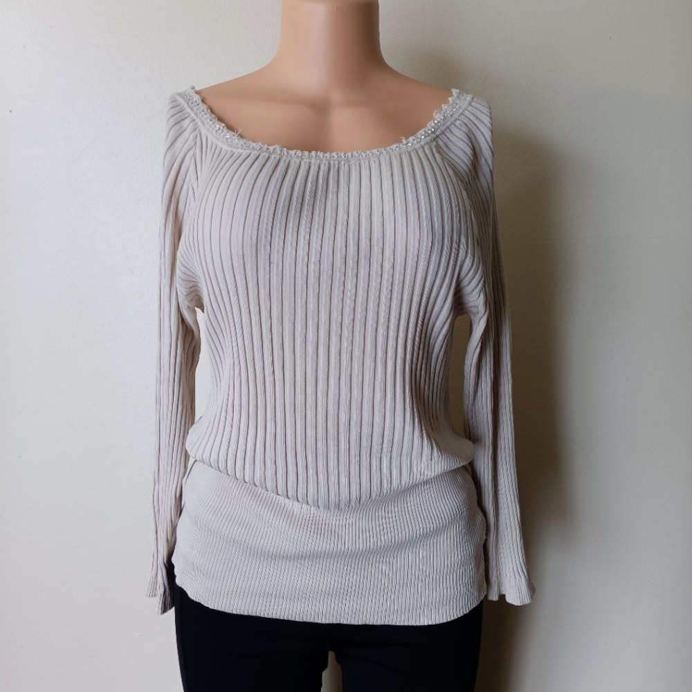 Camille La Vie Cream Silk Classy Long Sleeve Sweater Blouse Top Beaded Neckline